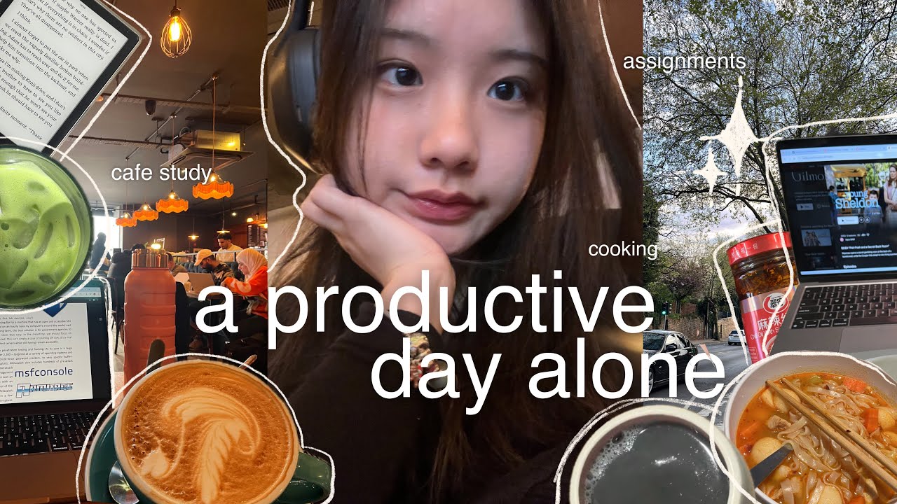 study vlog 💌 solo cafe study, realistic & productive, cooking easy uni meals, living alone 🌱
