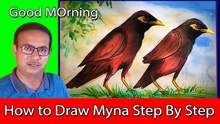 How to draw Myna step by step || Two shalik pakhi drawing || Birds Drawing