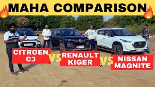 Citroen C3 Turbo vs Renault Kiger Turbo vs Nissan Magnite Turbo | Maha Comparison