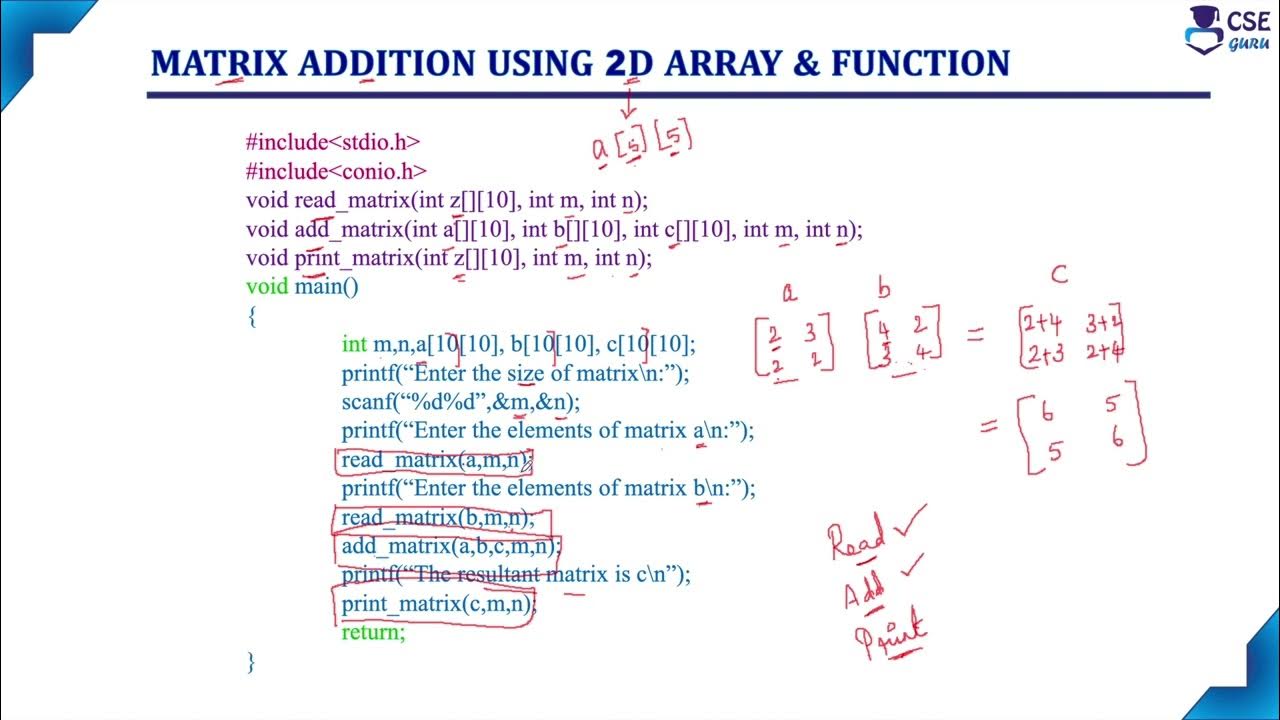 Matrix Addition using Array & Function | #functions&arrays | Lec 124 ...