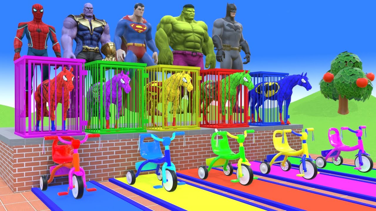 Red Horse Spiderman Crossing On Rainbow Spiders Bridge With Horse Against Sharks Rescue Animals Game