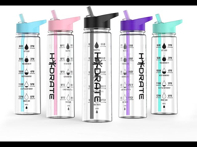 HYDRATE 900ml Water Bottle with Straw and Motivational Time Markings, Black