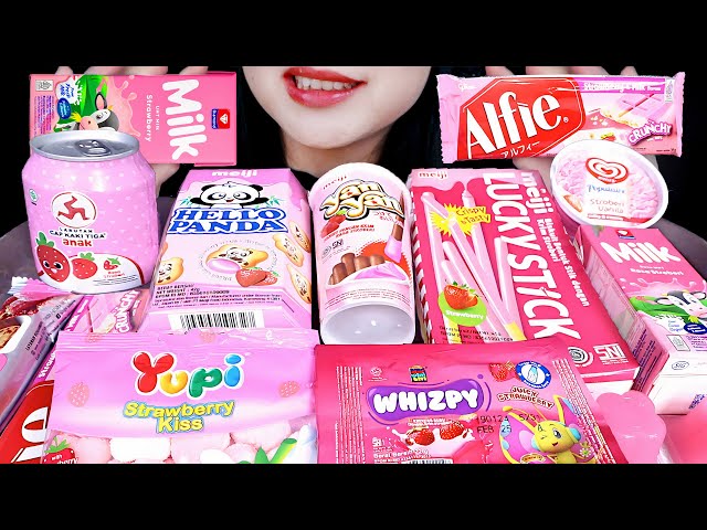 ASMR PINK CONVENIENCE STORE FOOD 🌸 STRAWBERRY ICE CREAM, PINK PUDDING, YUPI STRAWBERRY, LUCKY STICK