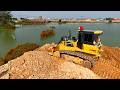 Amazing Bulldozer SHANTUI DH17C3 Push the Rocks &amp; Stone into water, Dump Truck unloading