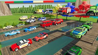 TRANSPORTING FIRE TRUCK,POLICE CARS, AMBULANCE, CARS OF COLORS! WITH TRUCKS!  FARMING SIMULATOR 22