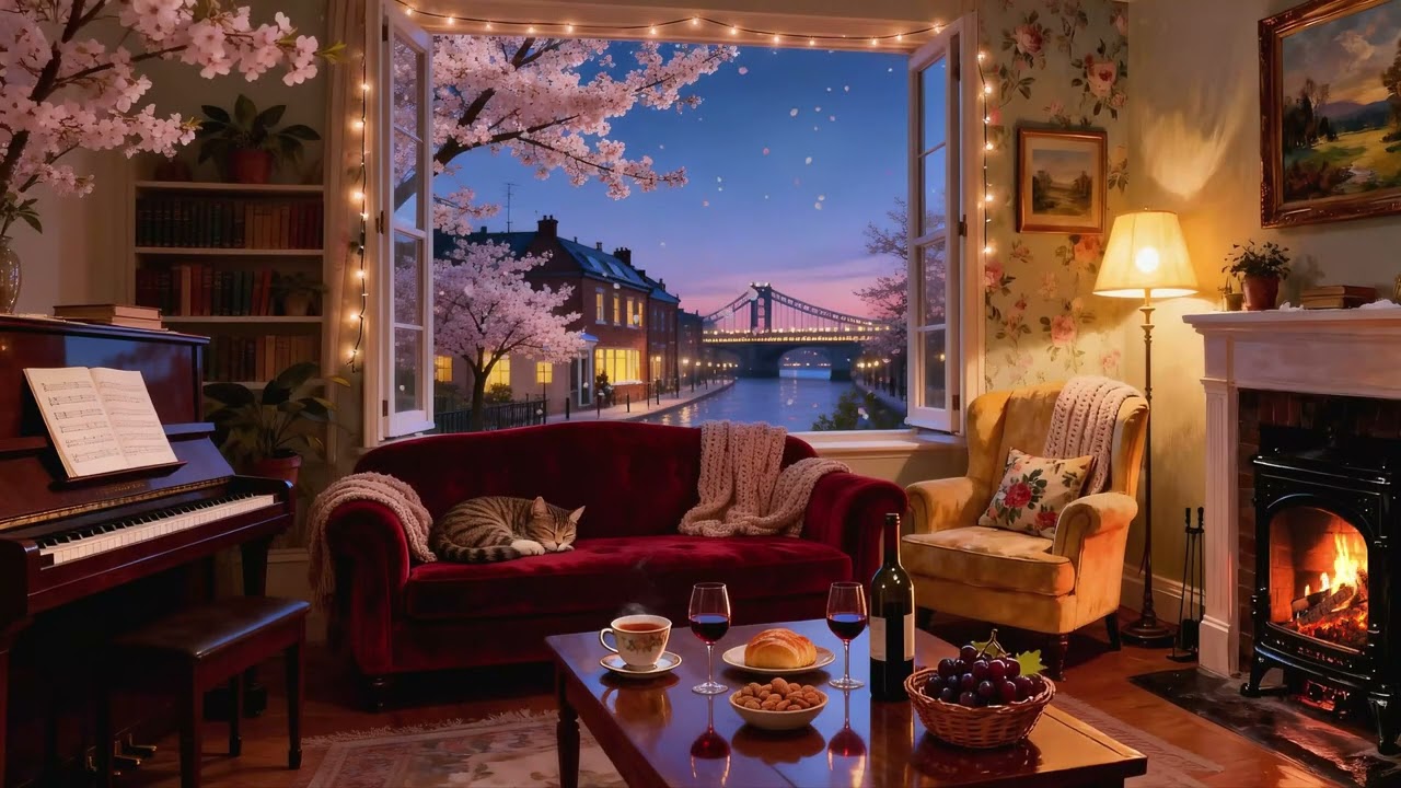 Old Time Jazz Spring Evening | Warm Apartment & City River Lights
