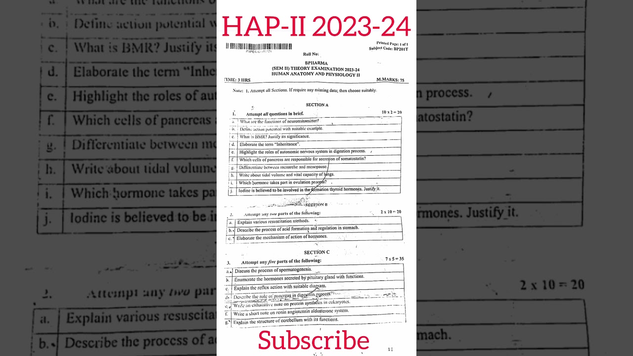 HAP-II B PHARMA 2 SEMESTER PREVIOUS YEAR QUESTION PAPER #viral #shorta #aktuexam #pharmacypathshala