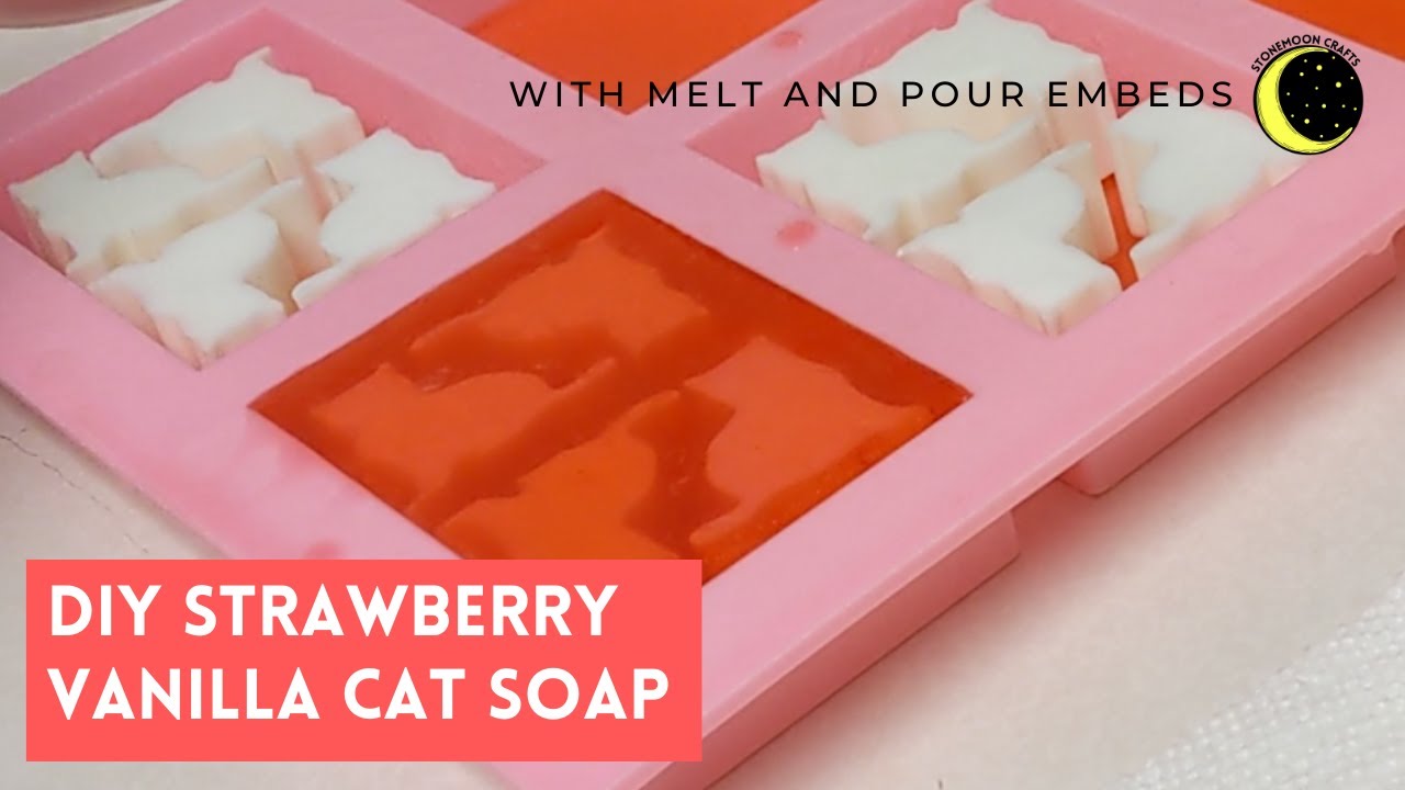 DIY Strawberry Vanilla Cat Soap (melt and pour soap with cat shaped embeds)