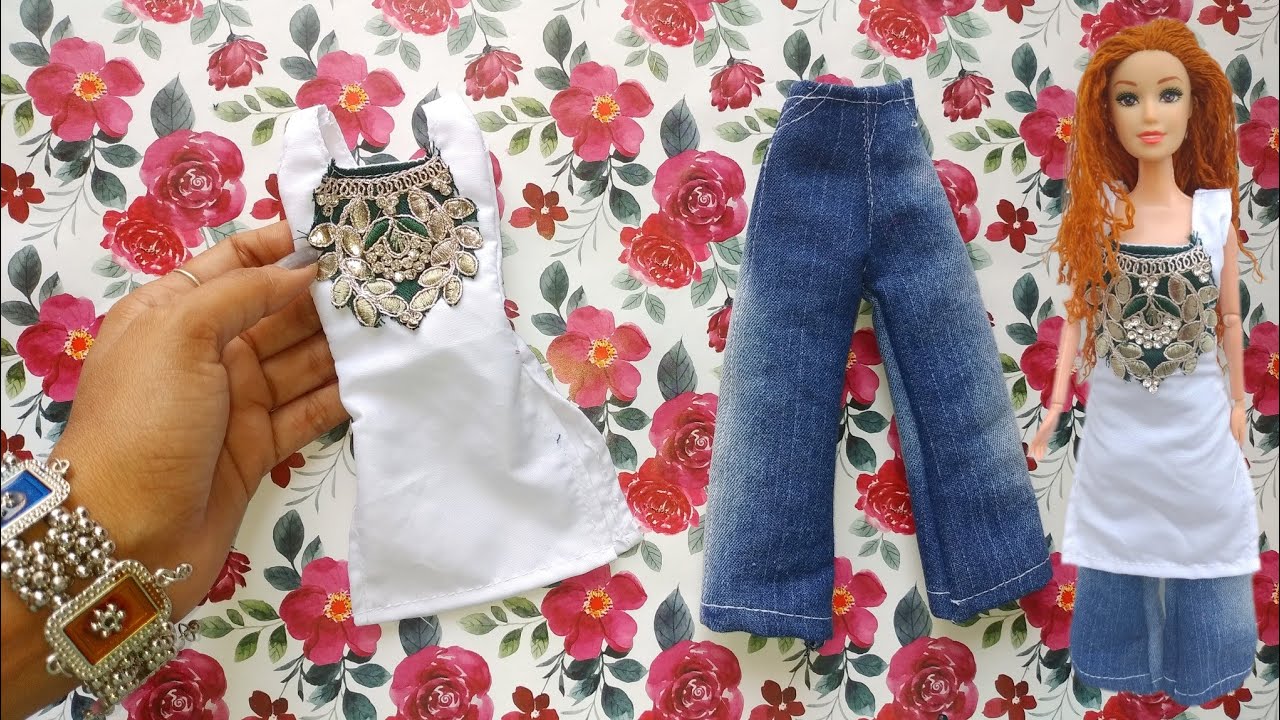 Making Jeanse and kurti for barbie |Wide leg jeans | Easy doll