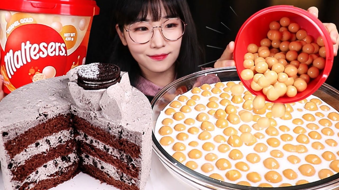 ASMR 우유에 빠진 몰티져스 카라멜 골드 & 오레오 생크림 케이크 먹방 Milk With Maltesers Caramel Gold & Oreo Cream Cake MuKBang!