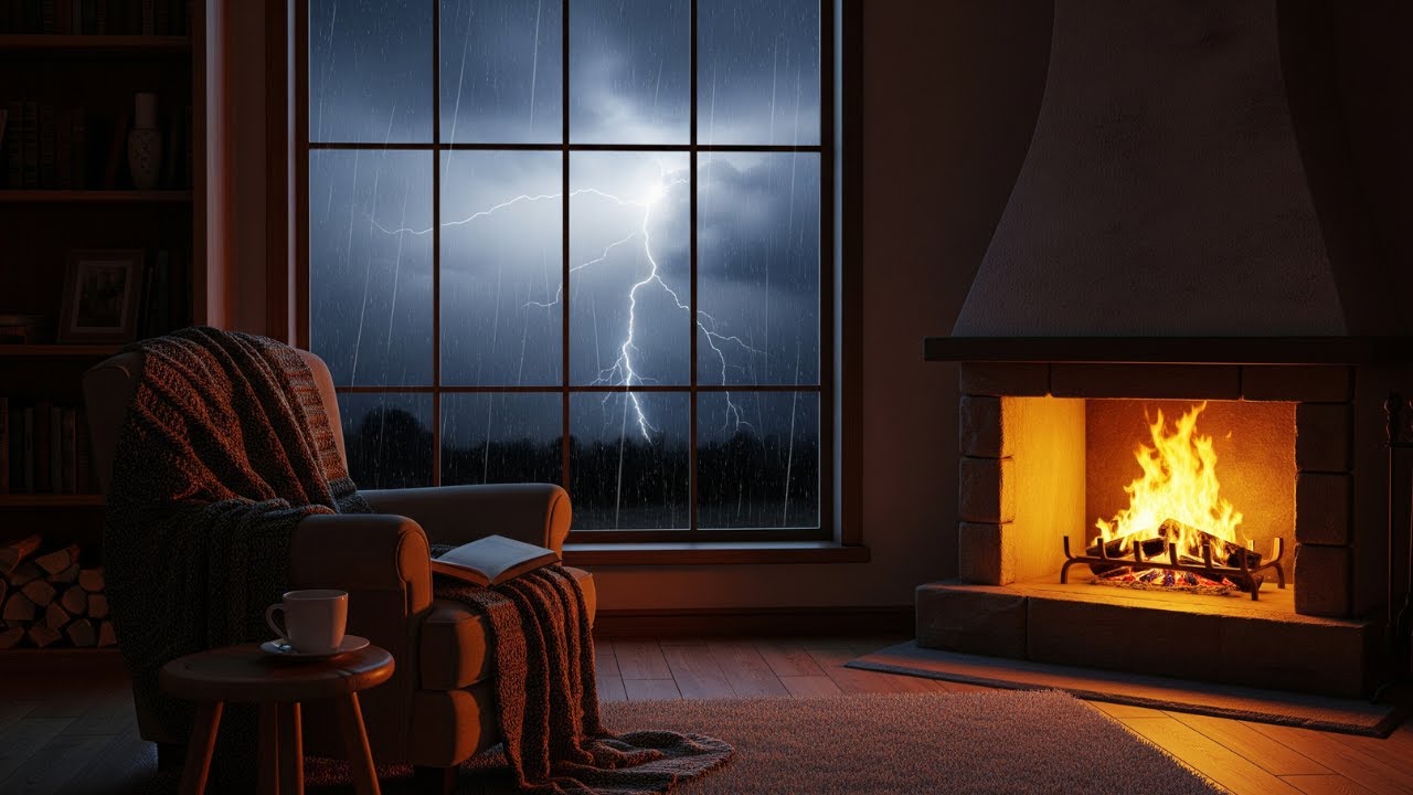 Heavy Rain & Thunderstorm on Window ⛈️ Cozy Fireplace Ambiance for Deep ...
