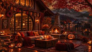 Fall Jazz Music on a Lakeside Porch 🎃 | Pumpkin Glow, Fireplace Crackles & Cozy Night Ambience screenshot 2