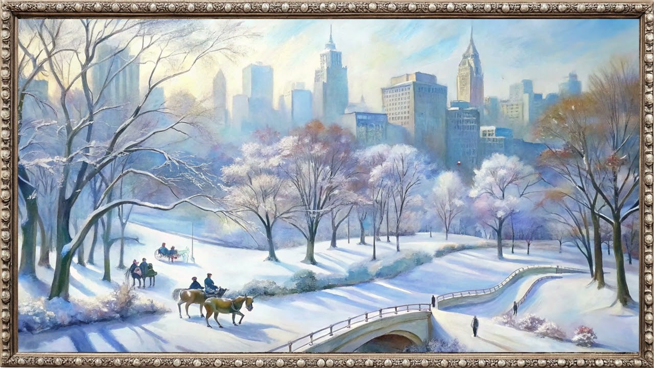 Snowy Central Park 2 | Step into a serene winter evening in Central Park. 🌨🕯 | Framed TV Screensaver