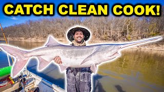 Catching PREHISTORIC DINOSAUR Fish in the RIVER!!! (Catch Clean Cook)