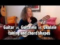 Same tuning and chords on guitar, guitalele and ukulele?! ~ beginners tutorial ~ muziekles