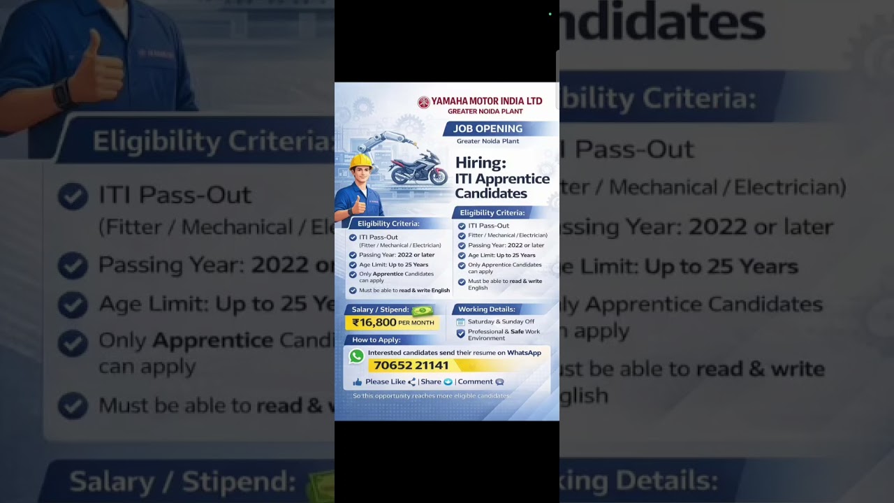 Yamaha Motor India Ltd | Letest Job 2026 | ITI Pass Job 