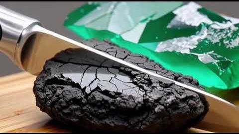 Super-sharp blade cutting through natural quartz, obsidian, and emerald—realistic, flawless slices.