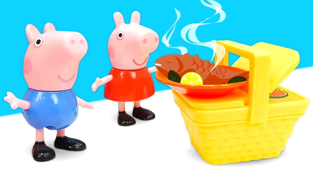 Peppa Pig e o George brincam com blocos de brinquedo coloridos! História  infantil com papai Pig 