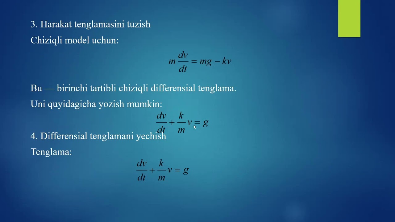 10 mavzu Havo qarshiligi ta’sirida erkin tushayotgan jism harakati og‘irlik + qarshilik