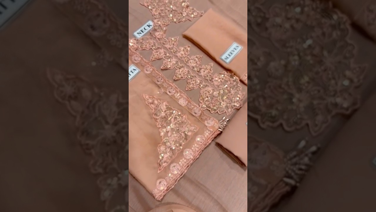 Elegant Peach Iznik Chiffon Suit Unstitch Replica: Luxurious Fabric Flow & Adda Work Close-Up