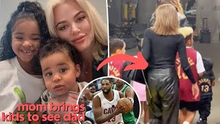 Khloe Kardashian takes kids to first NBA game to support Tristan Thompson.