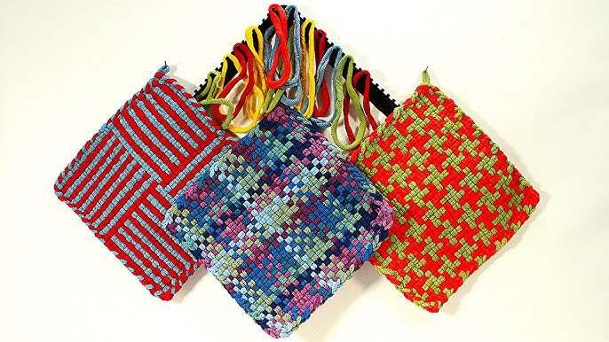 Woven potholder-square loom- use t-shirt loops-re-purpose- easy hand  weaving-easy weaving-trivet 