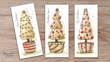 Easy Ink And Watercolor Christmas *Bookmarks! Real-time relaxing tutorial