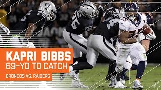 Rb kapri bibbs catches the screen pass and zig zags his way in for
score! denver broncos take on oakland raiders during week 9 of 2016
nfl season...