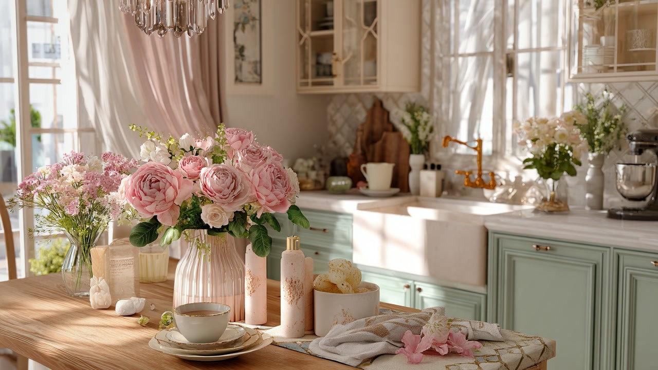 Elegant Spring Pink & Sage Cream Kitchen Ideas | Small Spaces & Romantic Shabby Chic