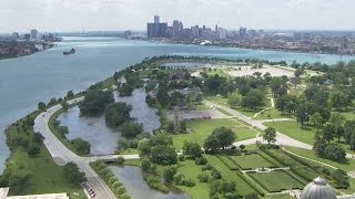 Helicopter view of Belle Isle, the Detroit River and the Detroit skyline from Chopper 7