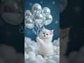 Awhite kitten with soft, snowy fur clutching a cluster of shimmering silver balloons #kitty #catlike