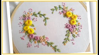 Heart embroidery/Hand embroidery/wheel rose, french knot, leaf and stem stitch