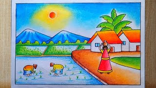 How to draw easy scenery drawing| Village scenery drawing| Paddy field with Farmer Scenery drawing