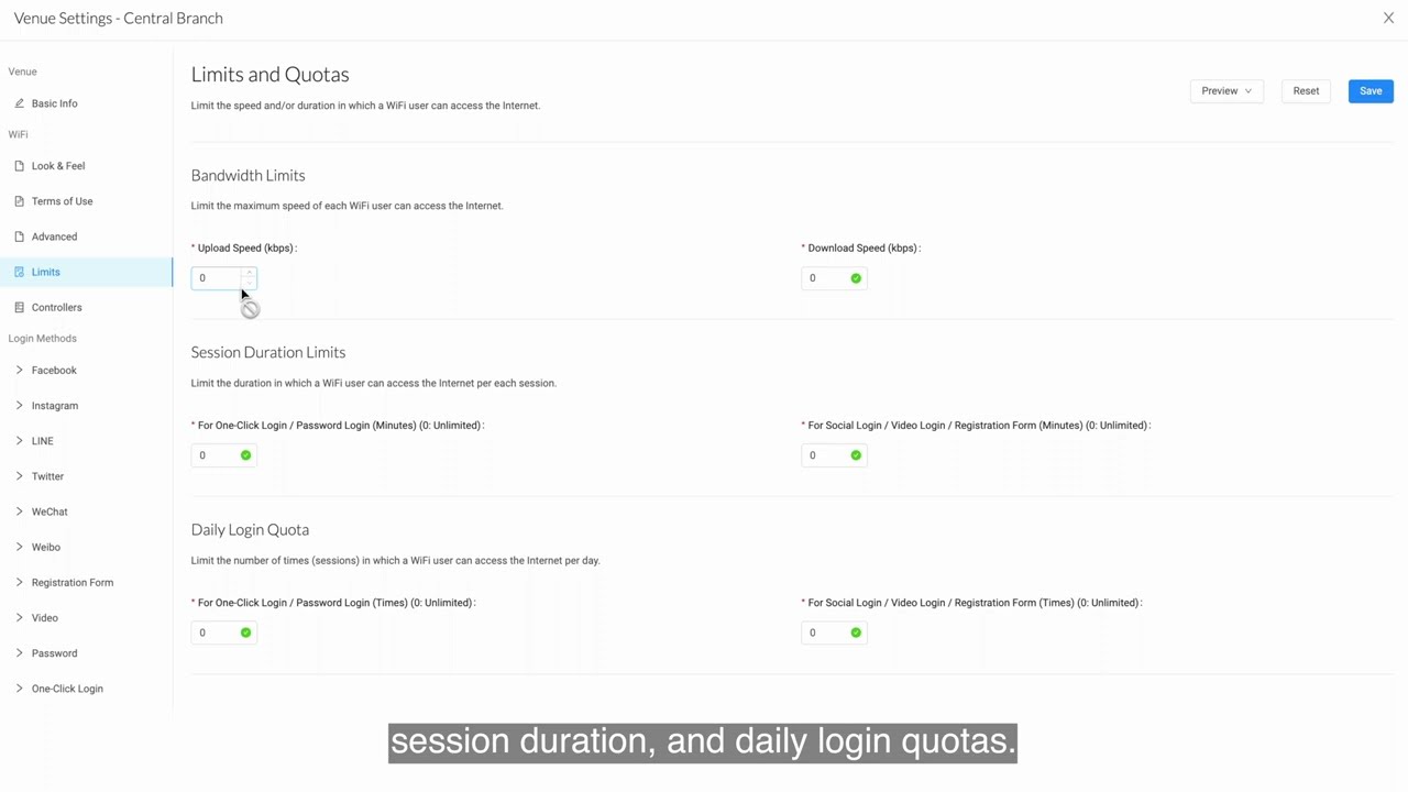 FansWiFi - Portal Settings: Terms of use, Advanced, Limits and Controllers