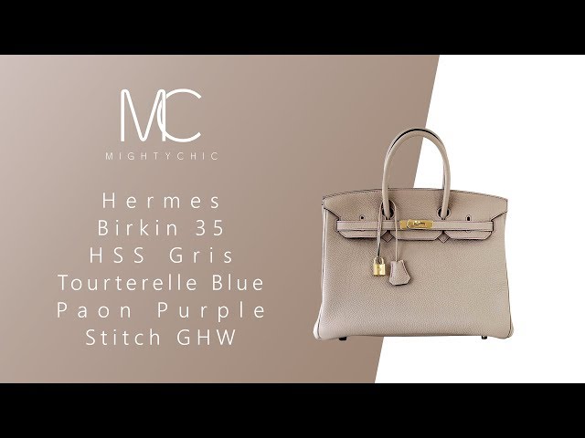 MIGHTYCHIC • Hermes Birkin 35 HSS Gris Tourterelle Blue Paon Purple Stitch  GHW 