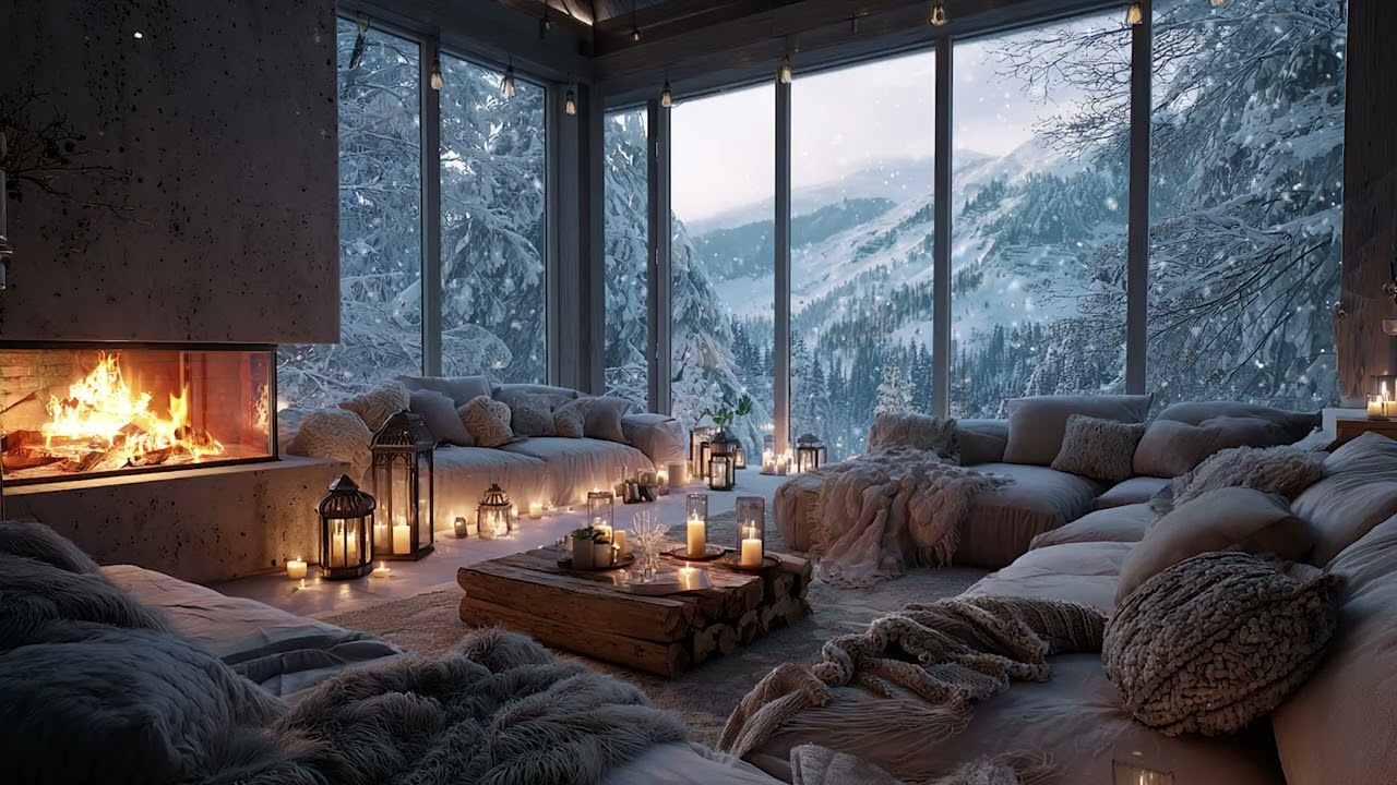 Peaceful Winter Cabin Piano Ambience | Warm Fireplace and Soft Snowfall for Relaxation