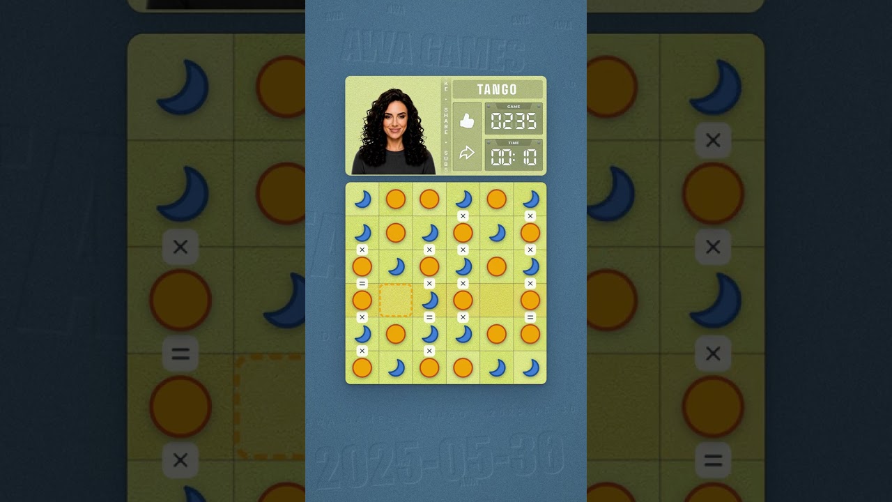 LinkedIn Tango #235 solved board for May 30, 2025, 6x6 grid