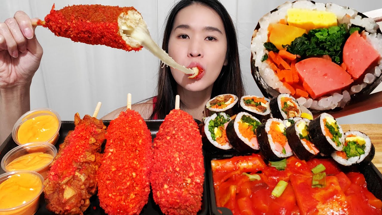 Delicious Korean Street Food Mukbang! Cheese Corn Dogs, Gimbap & Spicy Rice Cakes! Eating ASMR