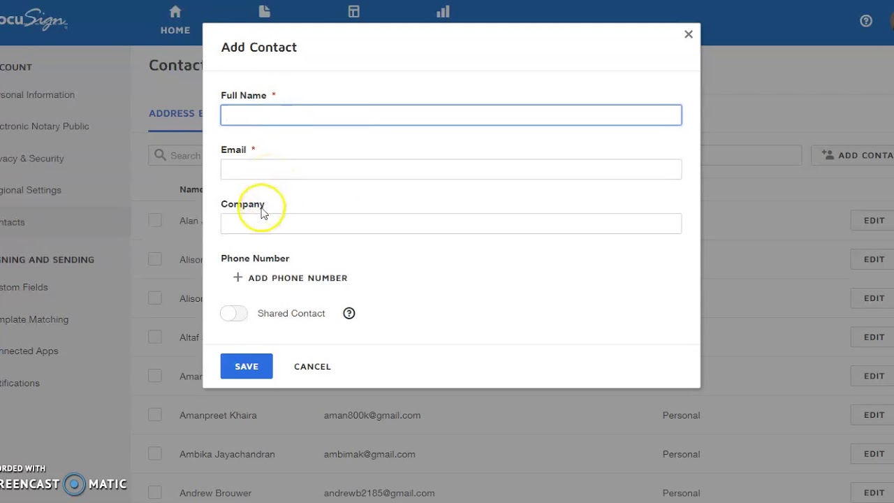 Add Contact to Docusign YouTube