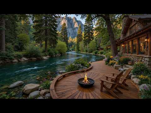 Peaceful Summer Riverside Cabin with Campfire 🔥🌿 Cozy Piano Music with birdsongs for Relaxation