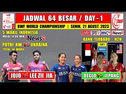 Jadwal BWF World Championship 2023 Hari Ini Live INEWS TV ~ JOJO vs LEE ZII JIA ~ 5 Wakil Day 1