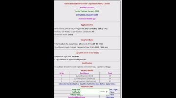 National Hydroelectric Power Corporation (NHPC) Limited 05/2021 Junior Engineer Vacancy 2022