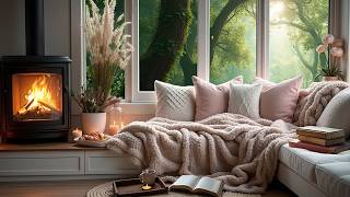 Golden Spring Morning by the Window 🌿 Fireplace & Forest Calm Ambience