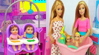 Barbie Doll & Two Baby Morning Bedroom Bathroom Time