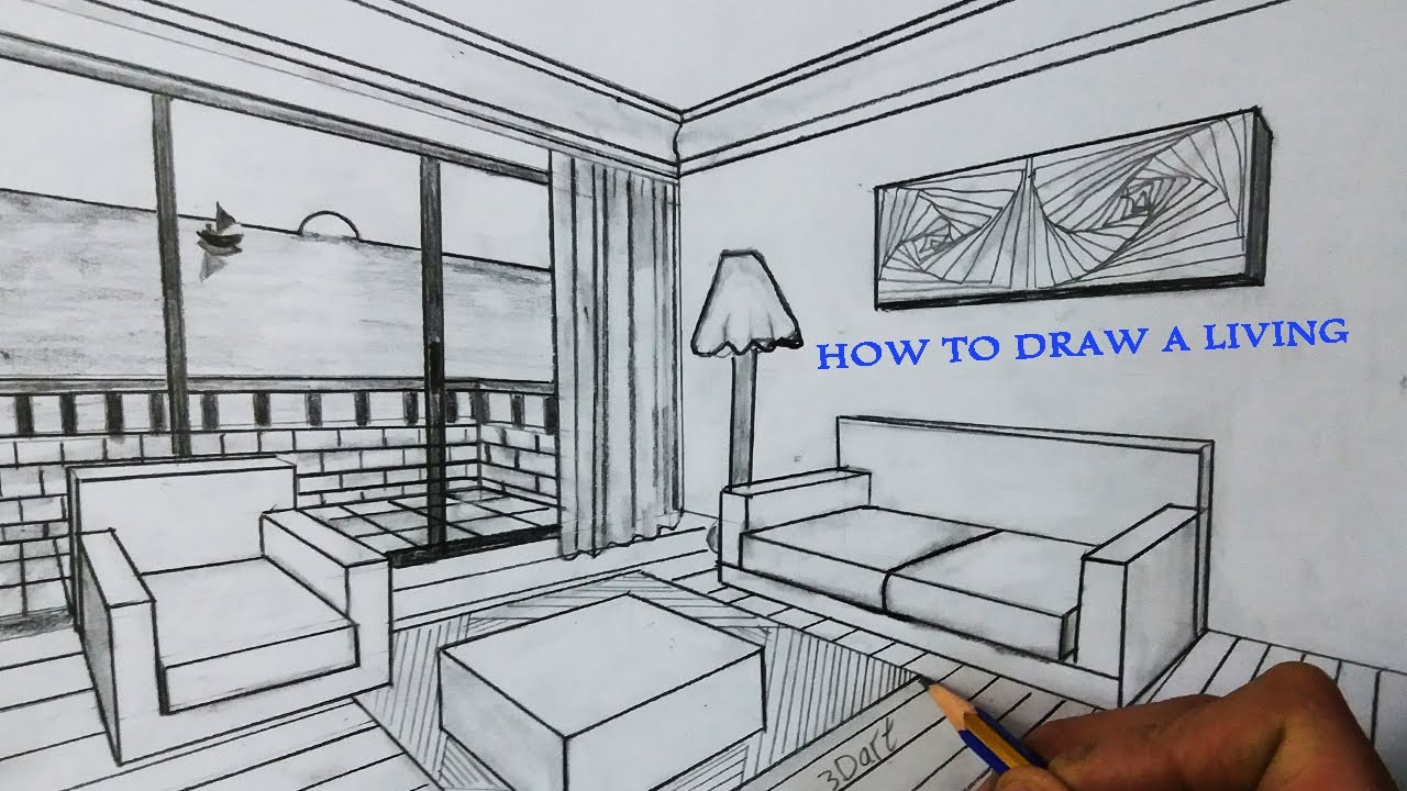 How to draw a living room in one point perspective 