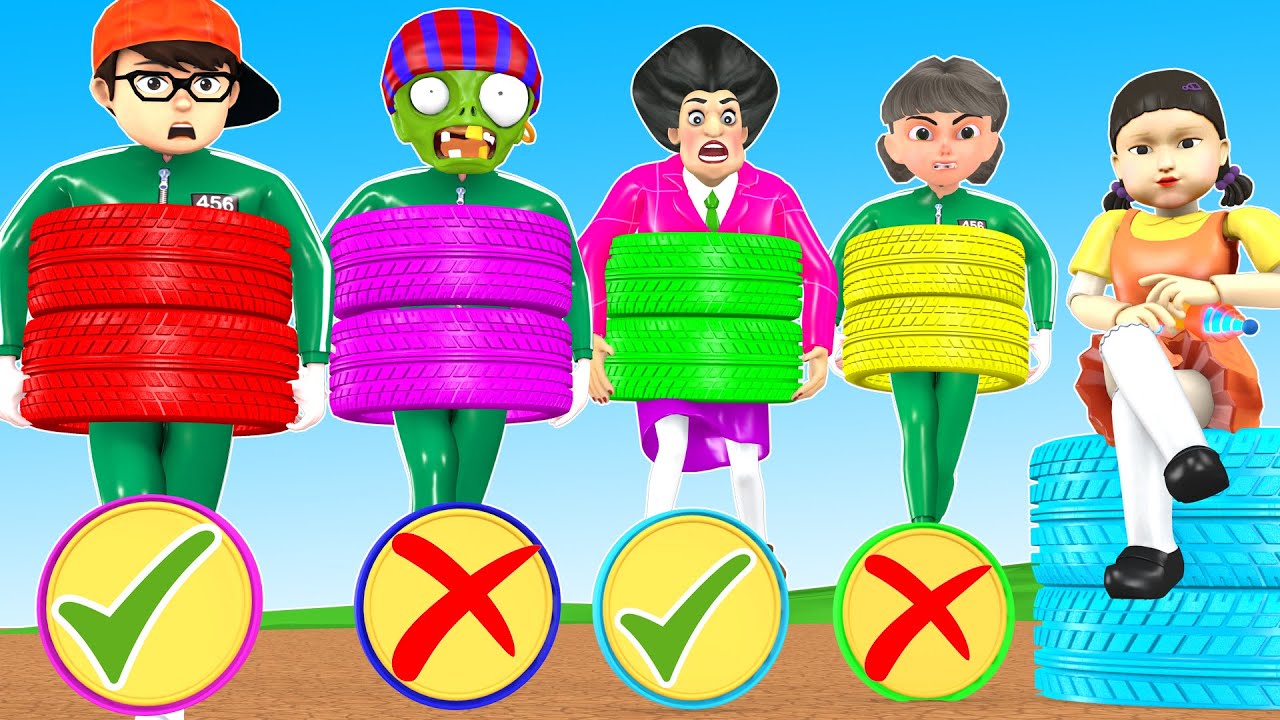 Squid Game (오징어 게임) vs Scary Stranger 3d Trying pass multicolor tires challenge in game candy shape
