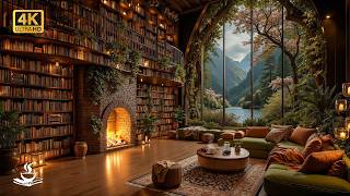 Candlelit Library Jazz with Mountain River View | Pageflow Stillness, Study Depth & Soft Focus