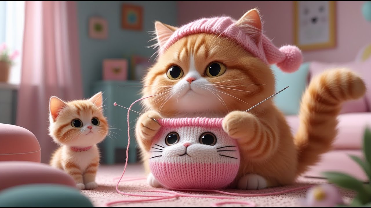 🐱🧶The kitten dreams of a new hat - the mother cat will sew it herself