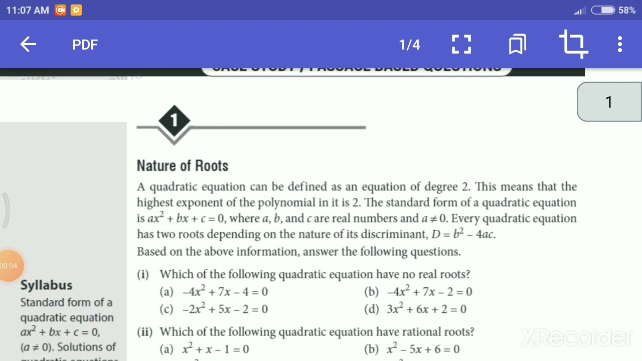 case study on quadratic equations class 10