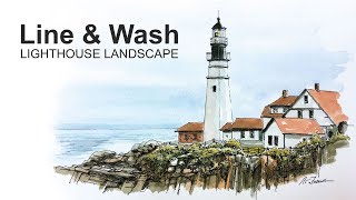 Pen and Ink with Watercolor - Line and Wash Lighthouse Landscape